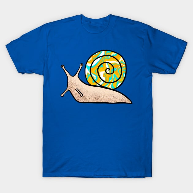 Psychedelic Snail Yellow and Blue Shell T-Shirt by julieerindesigns
